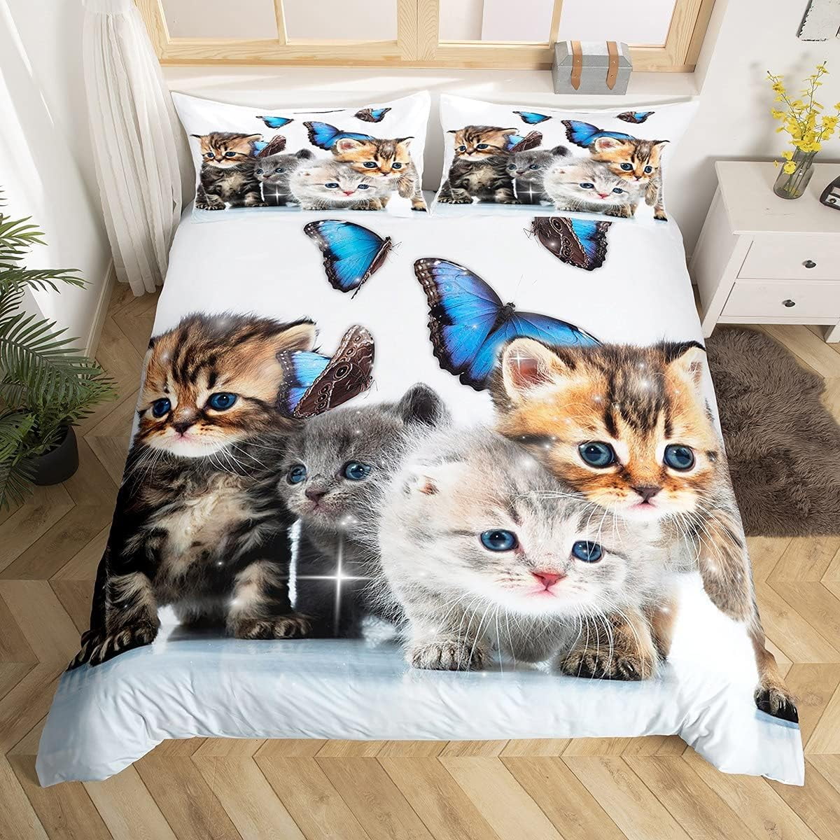 Cats Kids Bedding Set Cute Kitten Pattern Comforter Cover for Girls