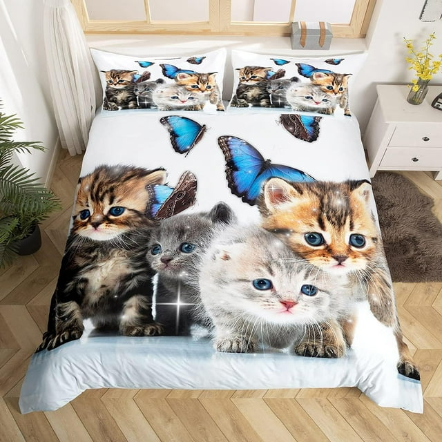 Cats Kids Bedding Set Cute Kitten Pattern Comforter Cover for Girls
