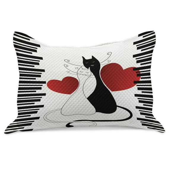 Cats Knitted Quilt Pillowcover, Romantic Kittens Pets Couple 2 Tails Hearts and Black Stripes Animals in Love, Standard King Size Pillow Cover for Bedroom, 36" x 20", White Black Red, by Ambesonne