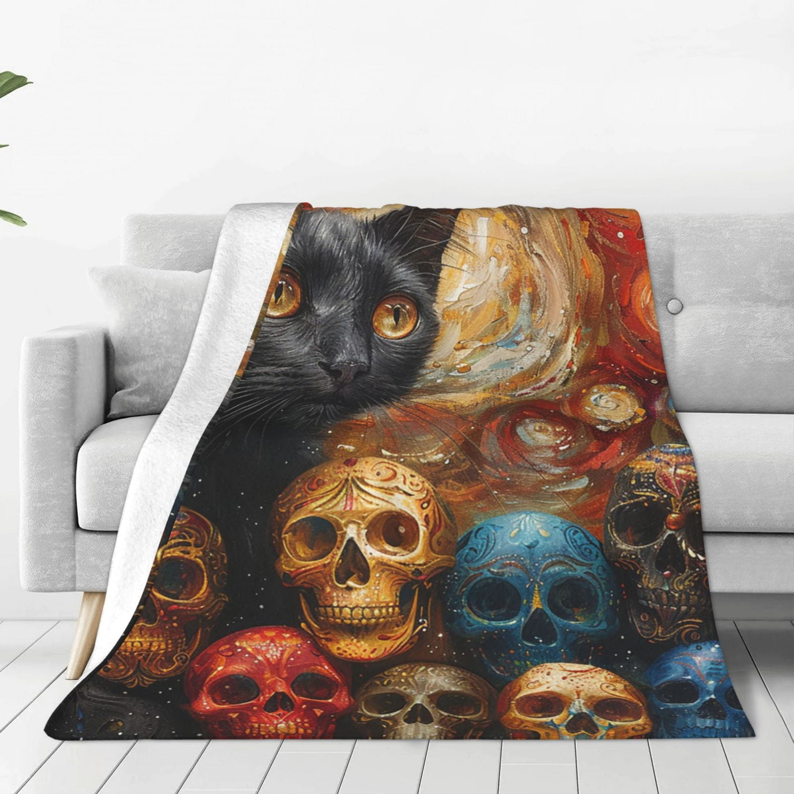 Cats Magic Skulls Art Throw Blanket Decorative Soft Warm Flannel
