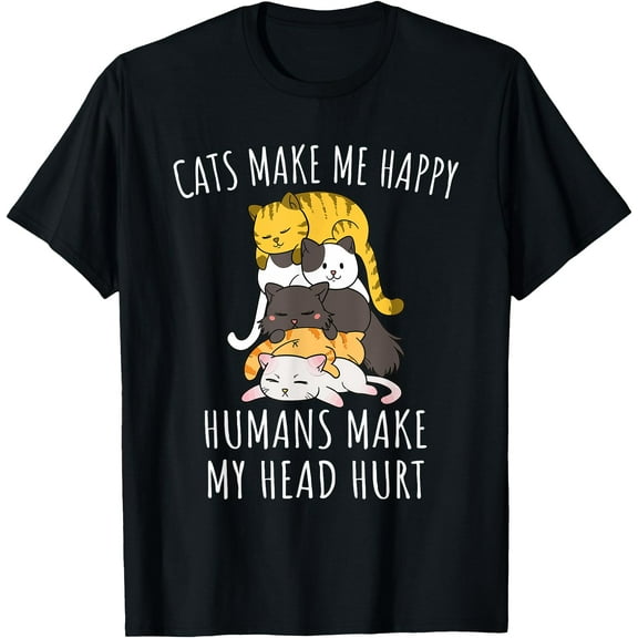 Cats Make Me Happy Humans Make My Head Hurt Unisex T-Shirt for Men Women Kids Toddler,Black Color,Size YM