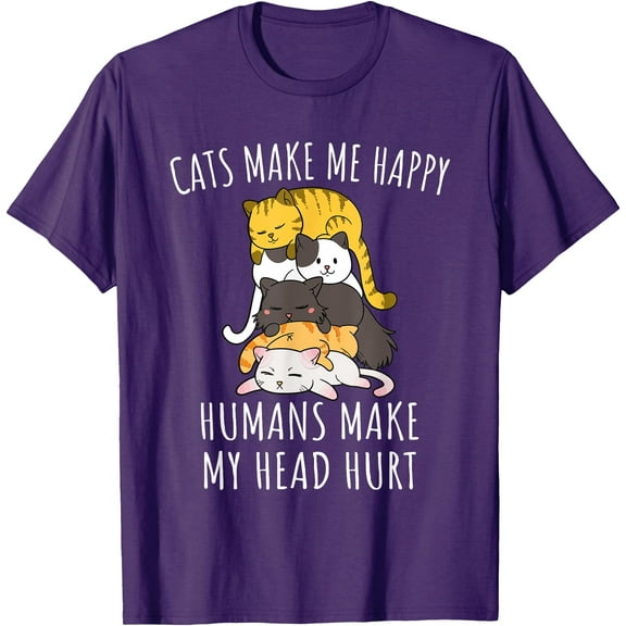 Cats Make Me Happy Humans Make My Head Hurt Unisex T-Shirt for Men Women Kids Toddler,Purple Color,Size YL