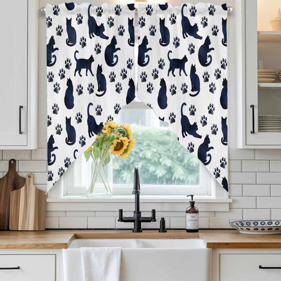Cats Navy Claws Swag Curtain Valance for Windows, White Background Abstract Animal Modern Window Treatments Short Swag Topper for Kitchen Windows Bathroom Bedroom, 28"x36"