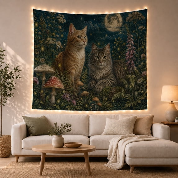 Cats Night Forest with Two as Figures, Playful Illustration for Cat Lovers, Cat Wall Art, Valentine'S Day Gift, Tapestry Wall Hanging for Bedroom, Living Room and Dorm