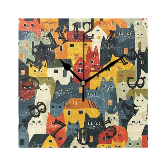 Cats Or Houses Wall Clock Square Silent Non Ticking Battery Operated Clock for Home Bathroom Kitchen Bedroom Living Room