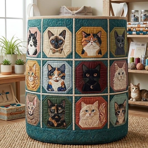 Cats Patchwork Quilted Laundry Basket: Funny Kitten Clothes Hamper, Gift For Her