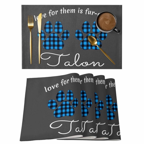 Cats Pawprints Placemats Set of 4, Blue Black Buffalo Plaid Pets Paw Grey Placemats for Dining Table, Place Mats for Kitchen Tabletop, Waterproof Wipeable Dining Table Mats Set