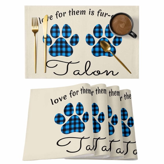 Cats Pawprints Placemats Set of 8, Yellow Black Buffalo Plaid Simple Beige Placemats for Dining Table, Place Mats for Kitchen Tabletop, Waterproof Wipeable Dining Table Mats Set
