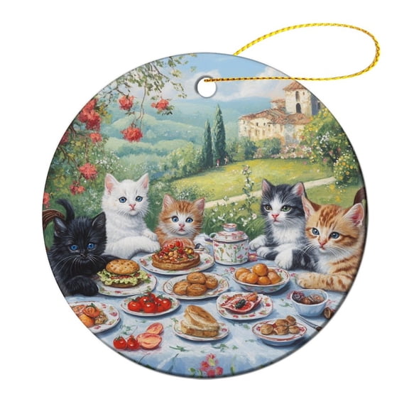 Cats Picnic Ceramic Christmas Ornament Cute Cat Kitten Christmas Decorations Ornament Christmas Holiday Decorations Round Porcelain Ornament Personalized Xmas Tree Ornament