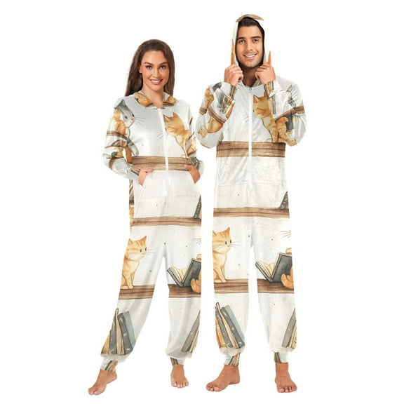Cats Play in Bookshelf Adult Onesie Pajamas Slim Fit Christmas One Piece Suit Pjs for Women and Men Hooded Zipper