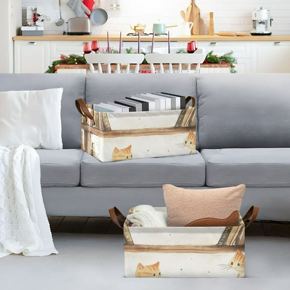 Cats Play in Bookshelf Storage Bins with Handles Foldable Storage Baskets for Shelves Organizer Cloth Baskets