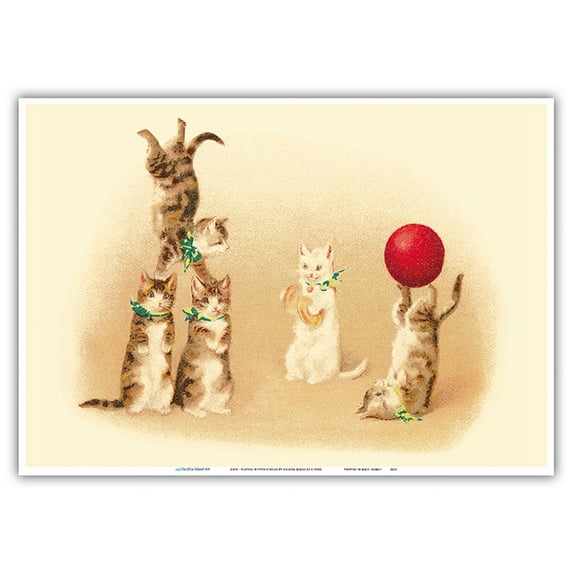 Cats - Playful Kitten Circus - Vintage Circus Poster by Helena Maguire c.1910s - Master Art Print 10in x 14in