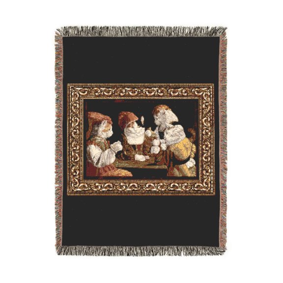 Cats Playing Cards in Historical Costumes Black and Brown Woven Blanket, 100% Cotton, Vintage-Inspired Home Accent