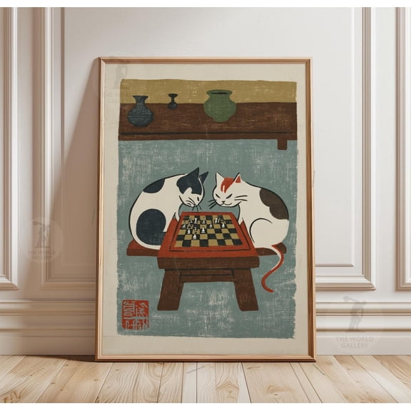 Cats Playing Chess Poster Vintage Folk Art Animal Illustration Art, Unframed Poster