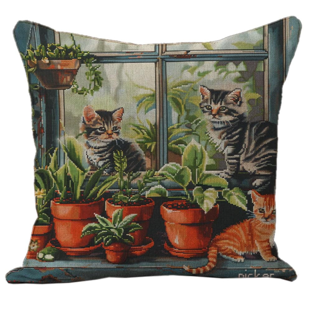 Cats Playing in Flower Shop DIY Stamped Cross Stitch Pillow Kits
