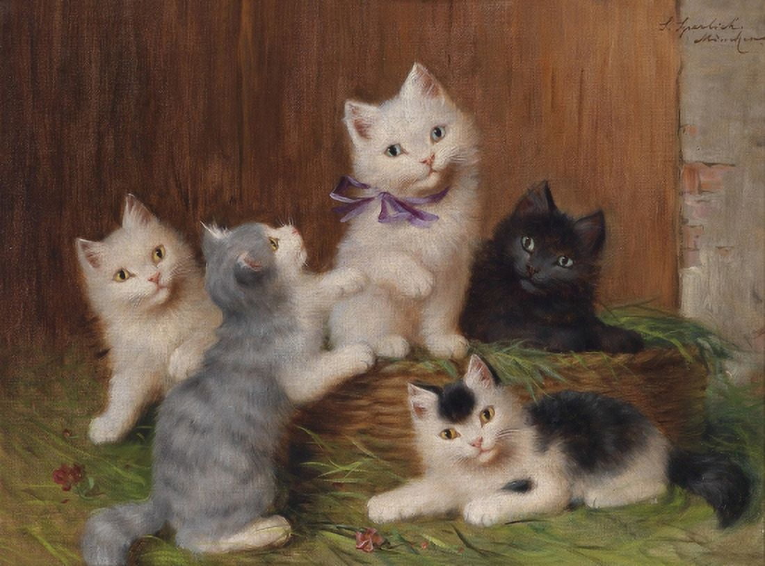 Cats Playing In A Basket Outside 1906 Vintage Canvas Art - (18 x 24)