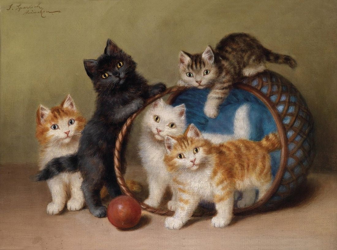 Cats Playing In A Basket With A Ball 1906 Vintage Canvas Art - (18 x 24)