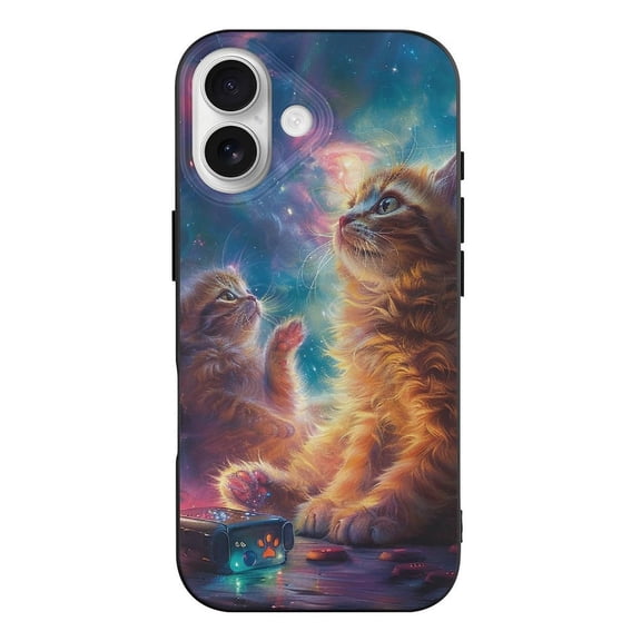 Cats Playing Video Games Psychedelic Phone Case Compatible with iPhone 17 TPU Black Shockproof Cover