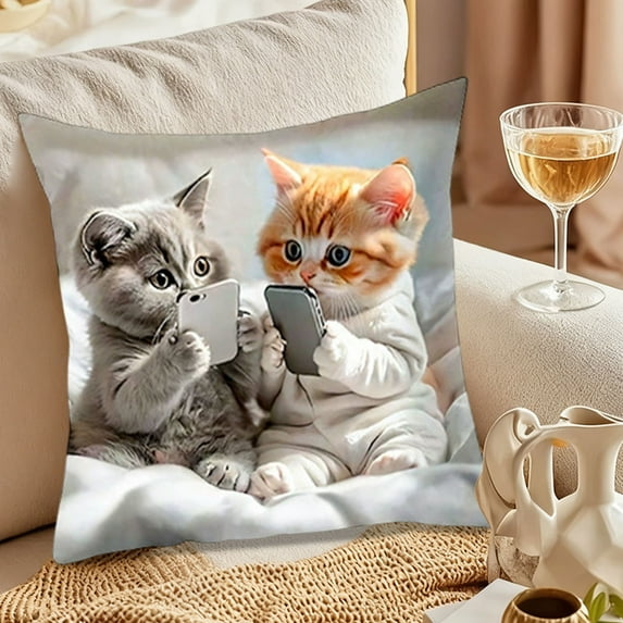 Cats Playing With Mobile Phone Printed Pillowcase Bedroom Living Room Sofa Decorative Cushion Cover Home Accent Pillow Flock Material 18x18 Inches