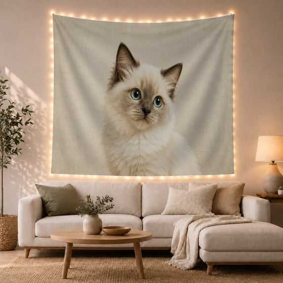 Cats Portrait Depicted with Sole Looking Directly Forward, Playful Illustration for Cat Lovers, Cat Wall Art, Graduation Gift, Tapestry Wall Hanging for Bedroom and Dorm