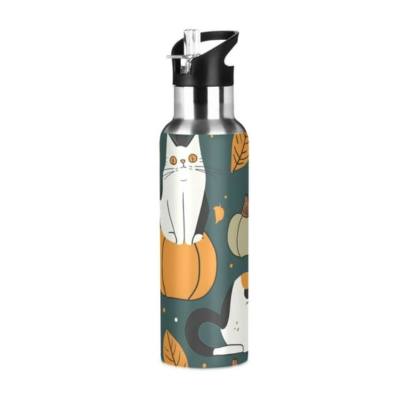 Cats Pumpkins Leaves Sports Bottle with Straw Stainless Steel Water Jug Portable Thermal Cup Leak-proof 1000ML