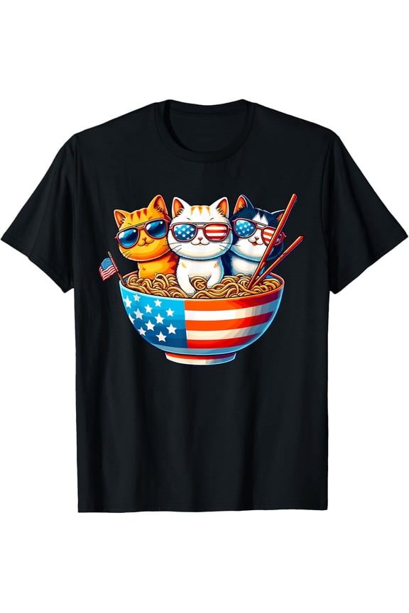 Cats Ramen Anime American Flag USA Gifts Funny 4th Of July T-shirt