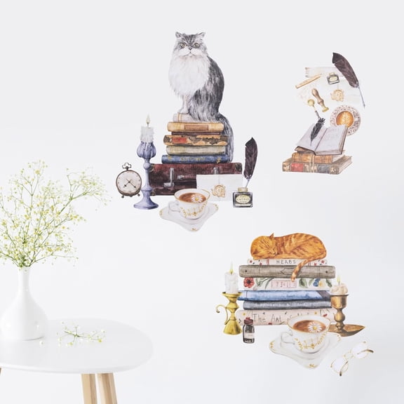 Cats Reading Books Watercolor Wall Decals, 1 PCS Vintage Colorful Book Plants Wall Decal Decorations for Bedroom Art, Kitten Baby Kids Toddlers Room Living Room Decor Cat Lover Gifts