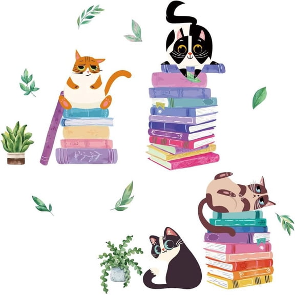 Cats Reading Wall Stickers Colorful Book Plants Wall Decor Cat Kitty Kitten Nursery Decorations Study Classroom Bedroom Art Livingroom Reading Corner School Kids Room Wallpaper Decor Mixed Color