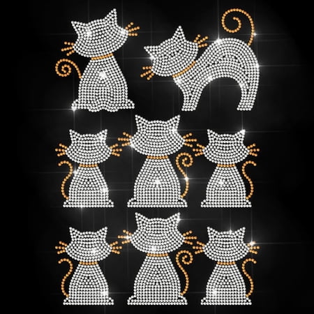 Cats Rhinestone Iron on Hotfix Animal Pet Heat Transfer Decal Cat Motif Rhinestone Hotfix Transfer Sticker Tail Moustache Bling Clothing Repair Applique for Shirts Bags Hats Jacket Jeans for DIY