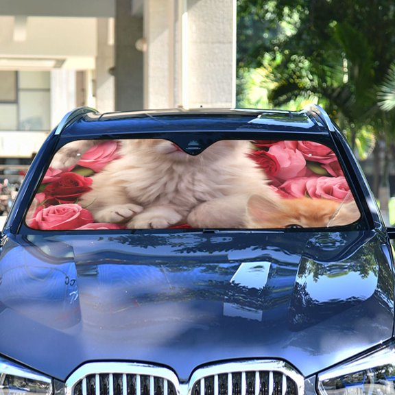 Cats Roses Floral Flowers Automotive Front Car Windshield Sun Shade Reflector Foldable for Front Fit for Cars Truck SUVs