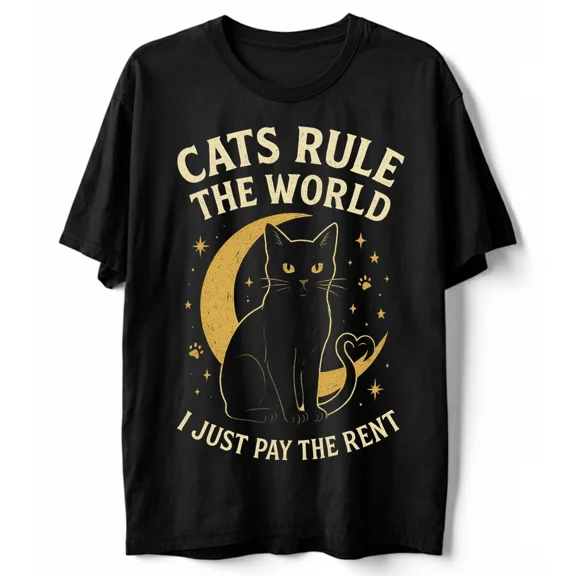 Cats Rule World I Pay Rent Funny Pet Moon Stars Unisex T-Shirt, S-5XL