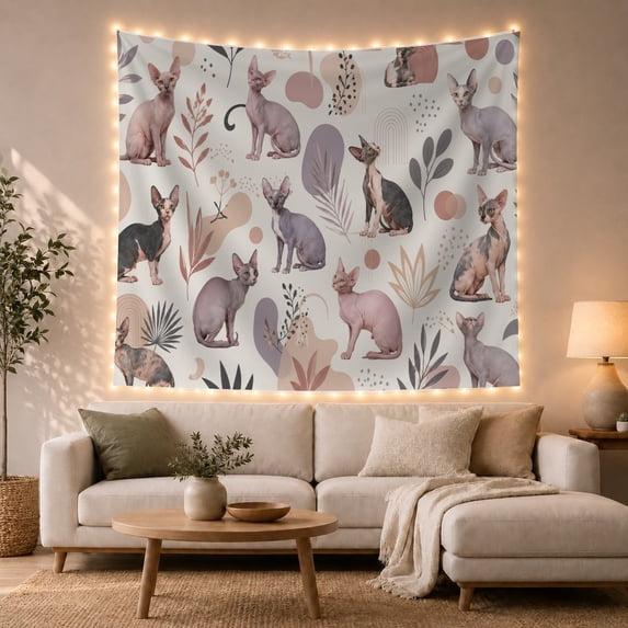 Cats Scattered Linear with Arrangement Sphynx Bohemian, Nostalgic Vintage for Botanical Art Lovers, Wall Decor, Valentine'S Day Gift, Tapestry Wall Hanging for Dorm and Living Room
