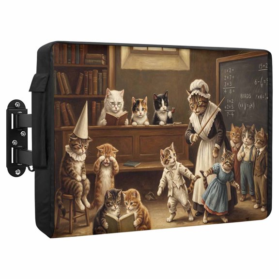 Cats in School Waterproof Outdoor TV Cover, Blackboard Vintage Academic Victorian Outside Weatherproof TV Enclosures for 52 to 55 Inch LCD Television Shield Flat Screen Protectors