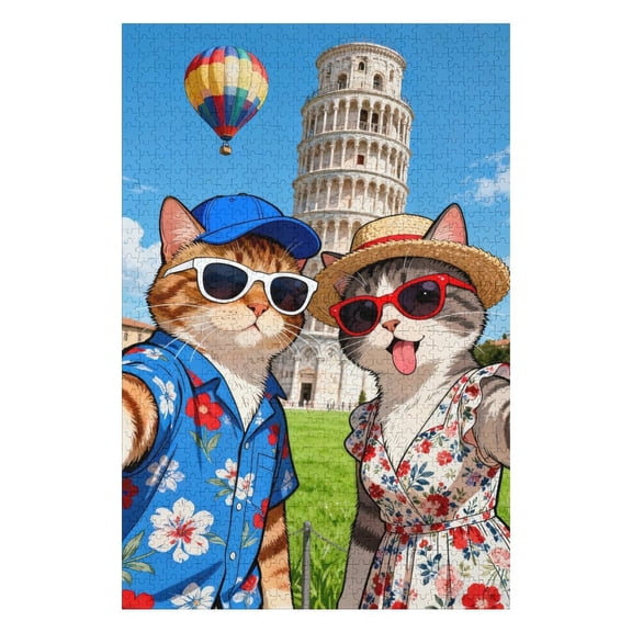 Cats Selfie Against Tower 500 Pieces Puzzle for Adults, Family Game, Friends Friendly Jigsaw, Indoor Mind-Relaxing Game, Decorative Home Artwork 20.5x15 in