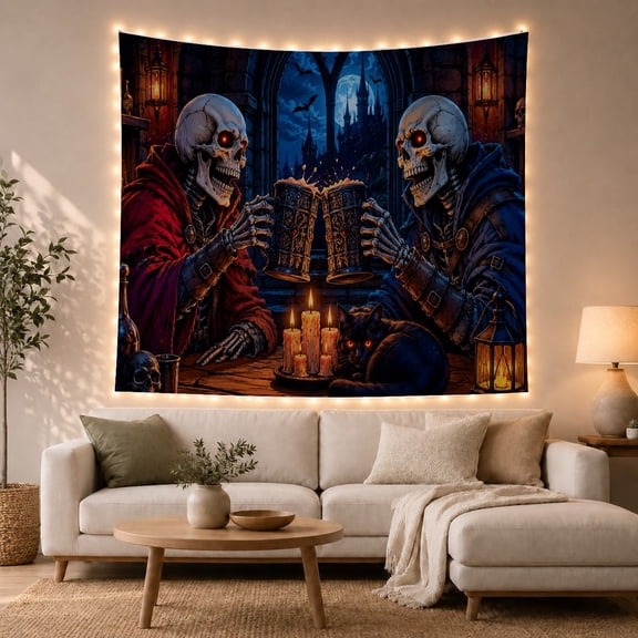 Cats Skeleton Figures with Seated Wooden Table Medieval, Playful Gothic for Cat Lovers, Cat Wall Art, Halloween Gift, Tapestry Wall Hanging for Bedroom, Living Room and Dorm