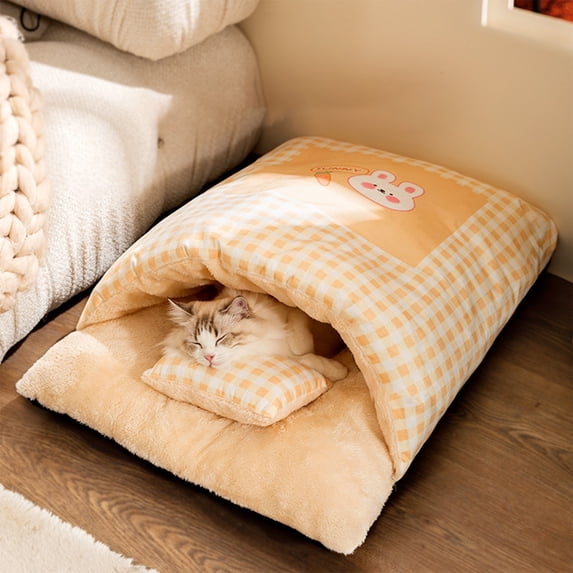 Cats Sleeping Bag Kennel, Warm Thickened Closed Cat Cave Bed with Toy, Washable Windproof Pet Mat for Fall and Winter, Waterproof Non-Slip Bottom (Yellow)
