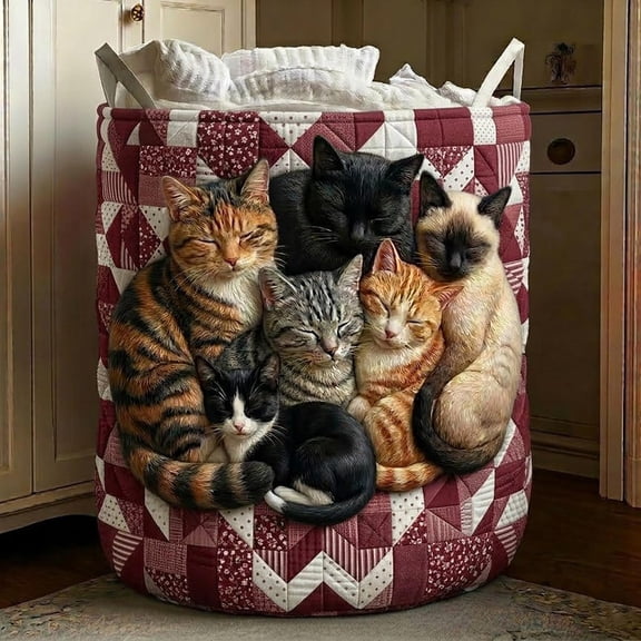 Cats Sleeping Quilted Laundry Basket: Cat Patchwork Hamper