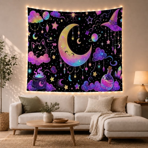 Cats Smiling Crescent with Moon Peach Gradient Closed, Playful Illustration for Cat Lovers, Cat Wall Art, Halloween Gift, Tapestry Wall Hanging for Bedroom, Living Room and Dorm
