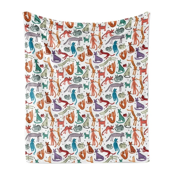 Cats Soft Flannel Fleece Blanket, Cheerful Sketch Art of Kittens in Pastel Colors and Different Positions Kids Animals, Cozy Plush for Indoor and Outdoor Use, 60" x 80", Multicolor, by Ambesonne