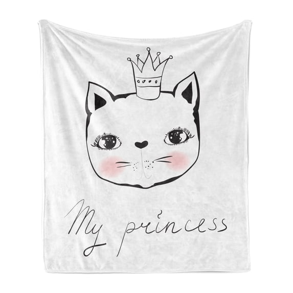 Cats Soft Flannel Fleece Blanket, My Princess Cursive Hand Lettering Along Crown Kitten on Plain Backdrop, Cozy Plush for Indoor and Outdoor Use, 60" x 80", Rose Charcoal Grey White, by Ambesonne