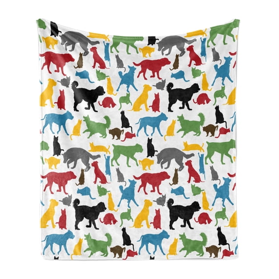 Cats Soft Flannel Fleece Throw Blanket, Colorful Cats and Dogs Animal Silhouettes Domestic Pets Cartoon Canine Characters, Cozy Plush for Indoor and Outdoor Use, 60" x 80", Multicolor, by Ambesonne