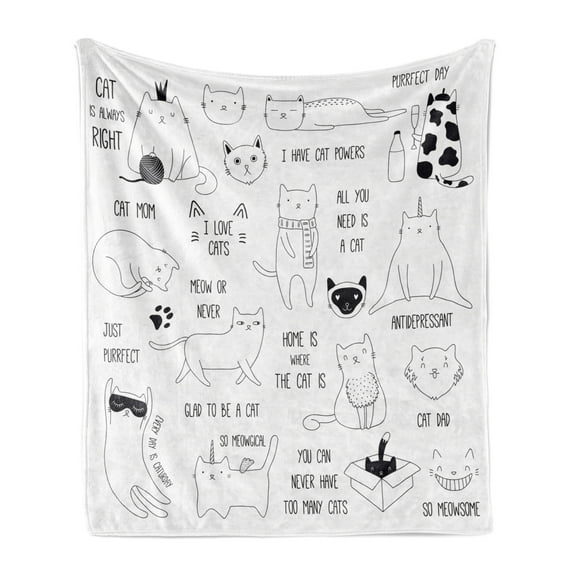 Cats Soft Flannel Fleece Throw Blanket, Doodle Composition of Animals with Various Words Hand Drawn Design, Cozy Plush for Indoor and Outdoor Use, 50" x 70", Dark Brown White, by Ambesonne