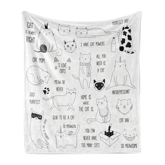 Cats Soft Flannel Fleece Throw Blanket, Doodle Composition of Animals with Various Words Hand Drawn Design, Cozy Plush for Indoor and Outdoor Use, 60" x 80", Dark Brown White, by Ambesonne