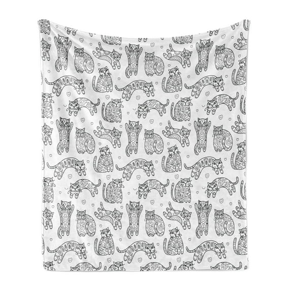 Cats Soft Flannel Fleece Throw Blanket, Ornamental Kittens with Floral Pattern Animal Love Sketch Art, Cozy Plush for Indoor and Outdoor Use, 50" x 60", Black White, by Ambesonne