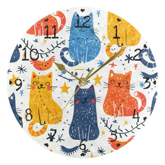 Cats Spots Stars Leaves Round Wall Clock Silent Analog Battery Operated Gold Pointer Home Decor 9.84" Diameter
