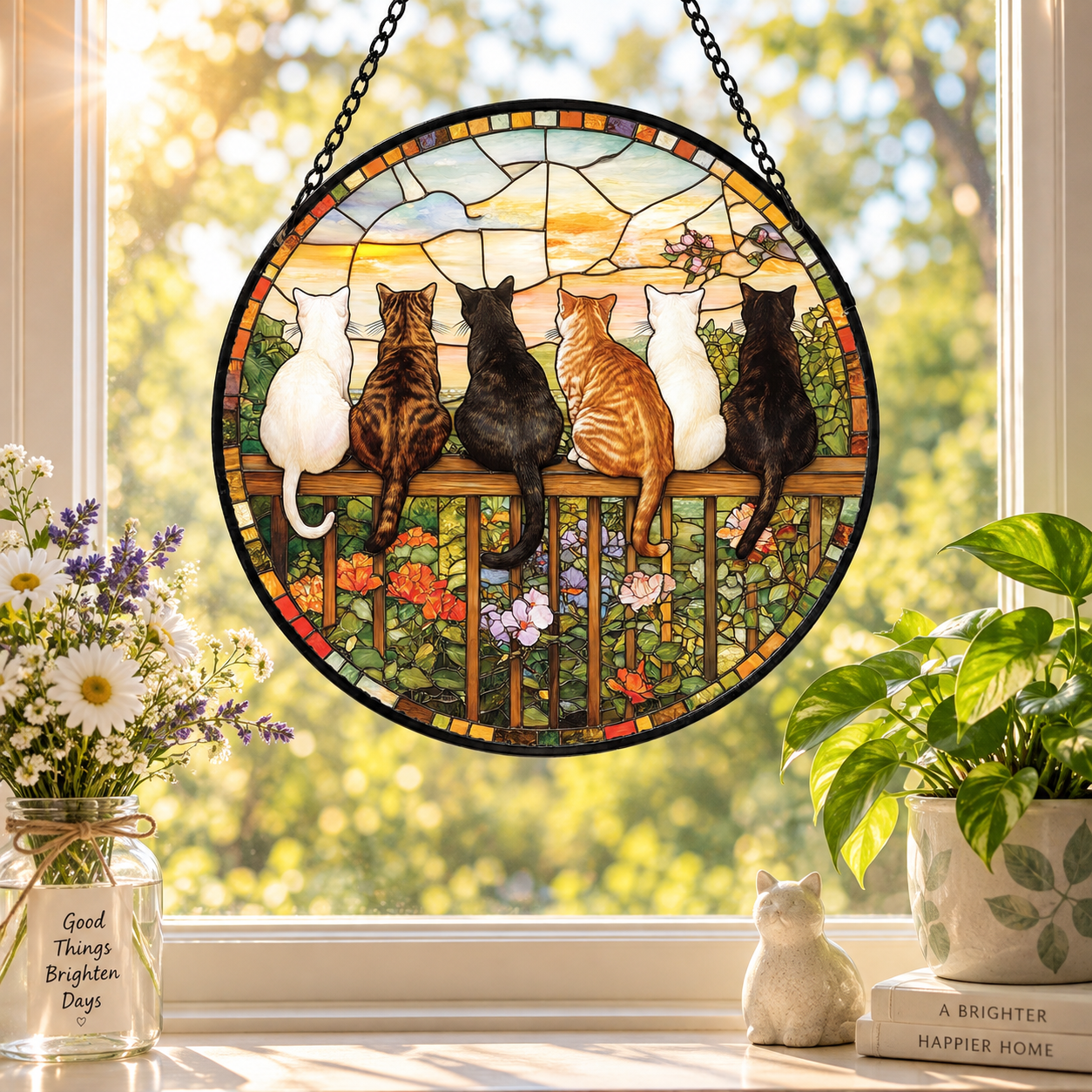 Cats Stained Glass Suncatcher, Sunset Window Hanging, Cat Home Decor (7 ...