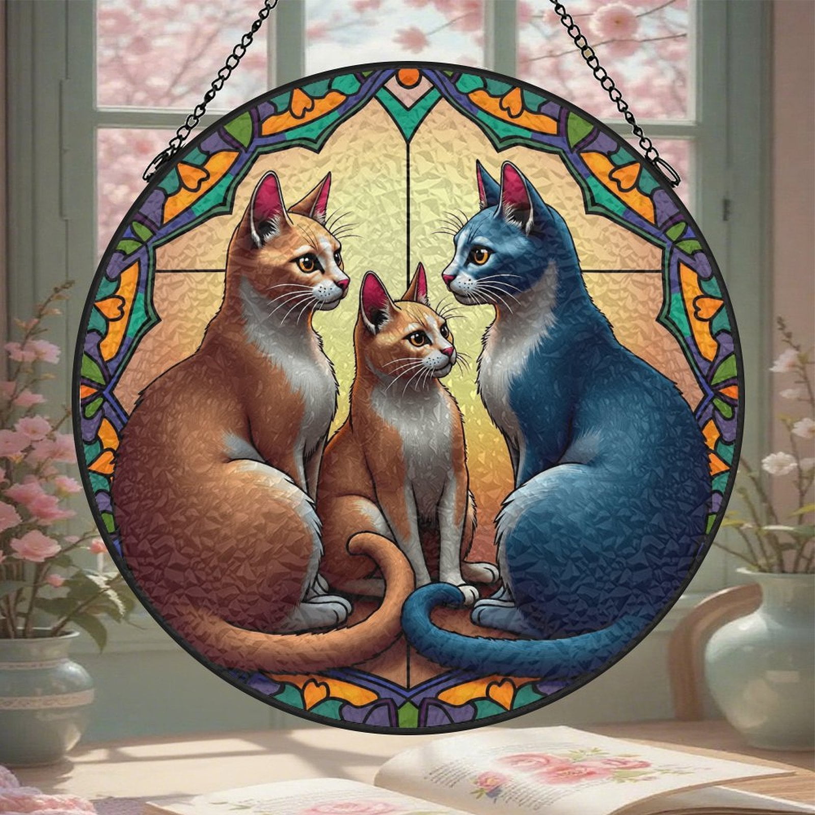 Cats Stained Glass Window Hanging 8 Inch Suncatcher Glass Panel with ...