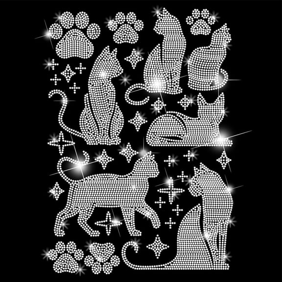 Cats and Stars Iron on Rhinestone Transfer Paw Print Bling Rhinestones T-Shirt Transfer Cats Rhinestone Iron on Heat Patches Hot Fix Stickers for Clothing Hat Decor for Cat Lover Gifts