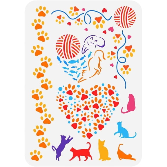 Cats Stencil for Painting 8.3x11.7inch Large Cat Paw Print Painting Stencil Reusable Cat Fish Wool Ball Drawing Template Hollowed Heart Pattern Frame Stencil
