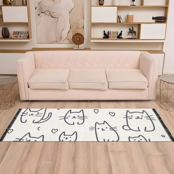 Cats Stick Figure Runner Rug Non-Slip Area Rugs Linen Washable Non Shedding for Kitchen Bedroom Carpet